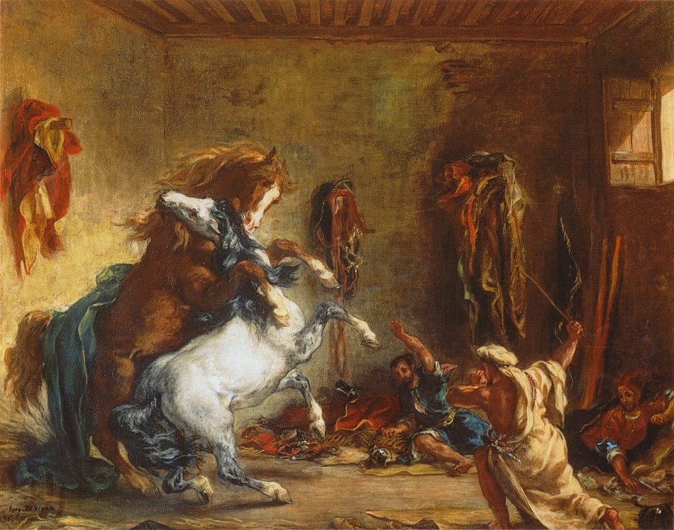 Delacroix (1798-1863): 1860, SDbl, CR779, Arab horses fighting in a stable, 65x81, Orsay (iR6;iR23;M1) Provenance: Estienne; sale 1872/02/12-13; Durand-Ruel (RdE-1873-103, Chevaux se battant dans une ecurie, 65x81 (R243); Saulnier; Hayem; Camondo. Expo: =SdAF-1885-96