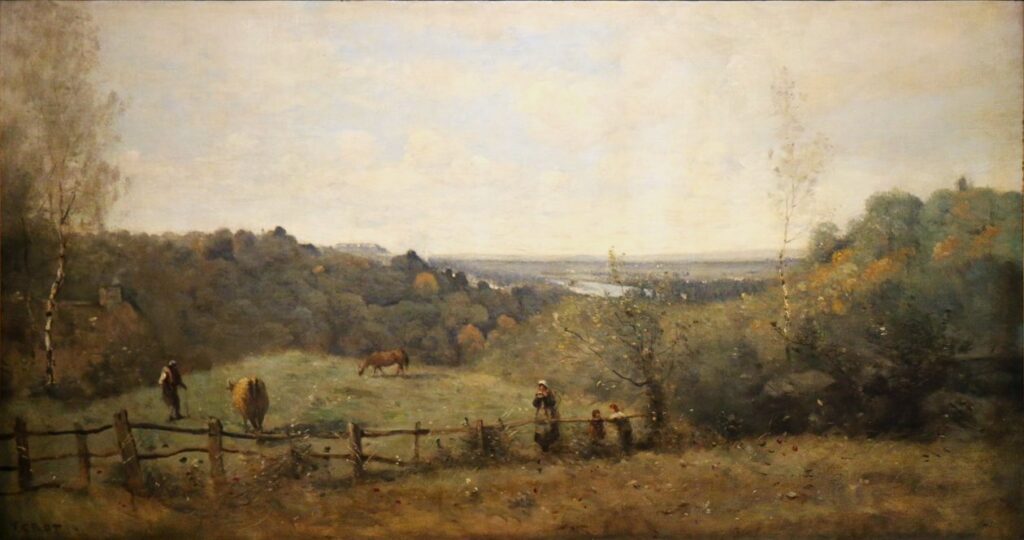 Corot (1796-1875): 1865, Sbl, The heights of Sèvres (Closed pasture), ?cm, private? (iR155) Provenance: ? Durand-Ruel (RdE-1873-95, Hauteurs de Sèvres, 98x134 (R243).