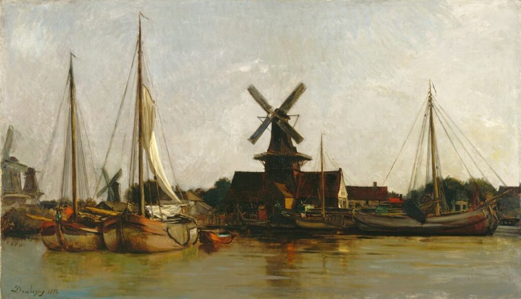 Daubigny (1817-78): 1872, SDbl, Moulins à Dordrecht, ?cm, Detroit IA (iR155;iR10;M151) Provenance: ? Durand-Ruel (RdE-1873-202, Bateaux et moulins en Hollande, 45x82cm.