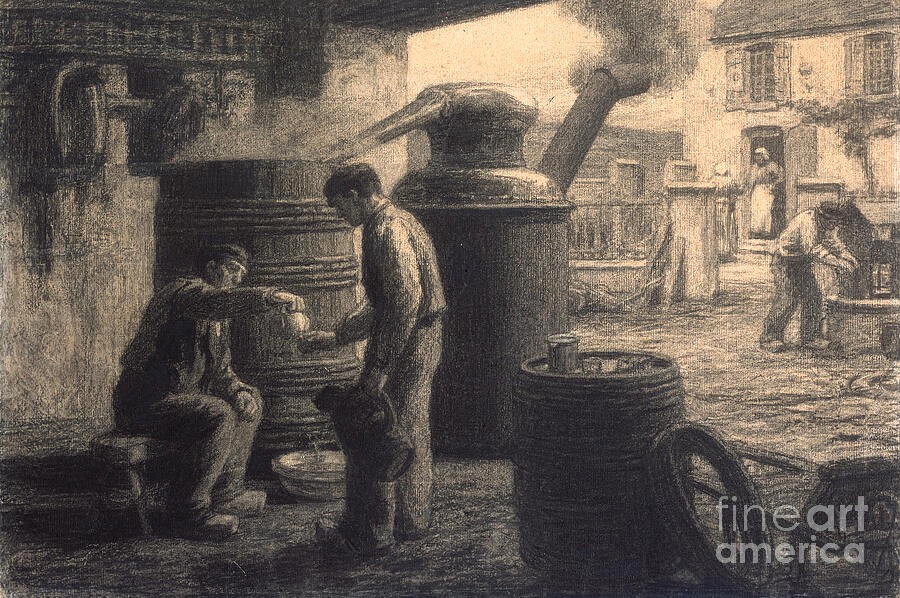 Léon Lhermitte (1844-1925): 1872, The distillery, charcoal (iR114;iR10) Provenance: Durand-Ruel (RdE-232, L'eau-de-vie de Marc, L'Alambic, 31x46cm) (R243)