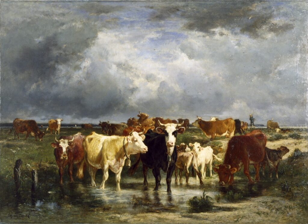 Emile van Marcke van Lummen (1827-90): 1872ca, Sbl, The Approach of a Storm, 146x201, WAM Baltimore (M48;iR6;R337) Expo: =S1872-1477, Landes du bassin d'Arcachon, Gironde (à M. Walters). Provenance: Walters (1872) Compare: Durand-Ruel inventory: RdE-1873-197, Troupeau de vaches passant un gué, 150x200 + RdE-1873-111, Landes du bassin d'Arcachon, 99x150cm (R243)