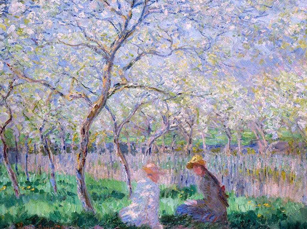 Claude Monet: 1886, CR1066, SDbl, Springtime, 65x81, FM Cambridge (GB) (iR10;iRx;iR3;R22,no1066;M184) Info: Suzanne Hoschedé +Jean Monet in the orchard in Giverny. Provenance: Faure (1887/01); Durand-Ruel (1893); de Brecey. Expos: DR1899-24; GP1924-49.