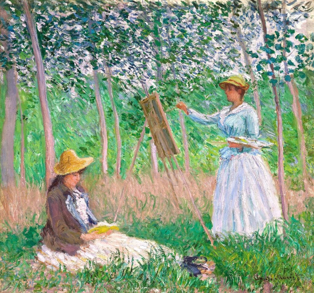 Claude Monet: 1887, CR1131, Sbr, Suzanne reading and Blanche painting by the marsh at Giverny, 92x98, Los Angeles CMA (iR3;iR8;Mx;R22,no1131) Provenance: ? Suzanne Hoschedé (Mrs. Butler).
