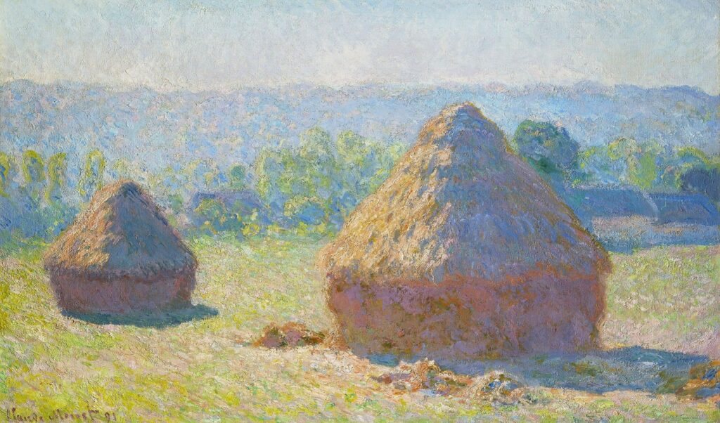 Claude Monet: CR1266, 1890, SDbl (91), Grainstacks, end of summer, morning effect, 60x100, Orsay (iR3;iR8;R22,no1266;M1) Provenance: Durand-ruel (1891). Expos: DR1891-2; DR1899-36; London-1905-GG-142; GP1924-34. Info: view south-west towards the hills of Port-Villez.