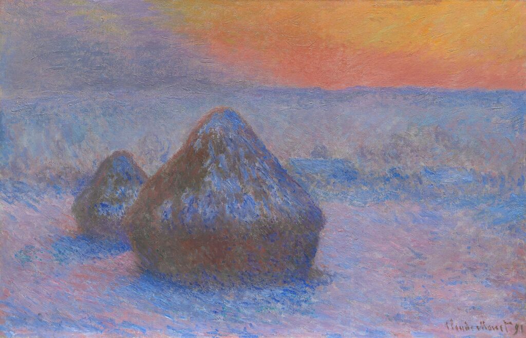 Claude Monet: CR1278, 1890-91, SDbr (91), Grainstacks at sunset, snow effect, 65x100, AI Chicago (iR3;R22,no1278;M20) Provenance: Durand-Ruel (1891/07); Potter Palmer (1892). Expo: DR1891-13; Boston-1905-CH-84; Chicago-1910-36.