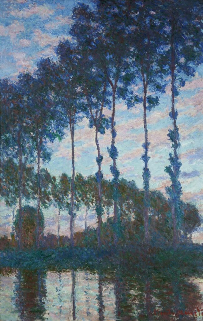 Claude Monet: CR1292, 1891, SDbr, Poplars on the banks of the river Epte, evening effect, 100x65, private (iR155;iR10;iR3;R22,no1292) Provenance: Feydau (HD1902/06/14-13); ?Durand-Ruel; Hébrard (1906). Expo: =?DR1892-12; =?DR1895-48; =11LE-1904-105; =London-1905-GG-115. Info: With 7 trees in the front.