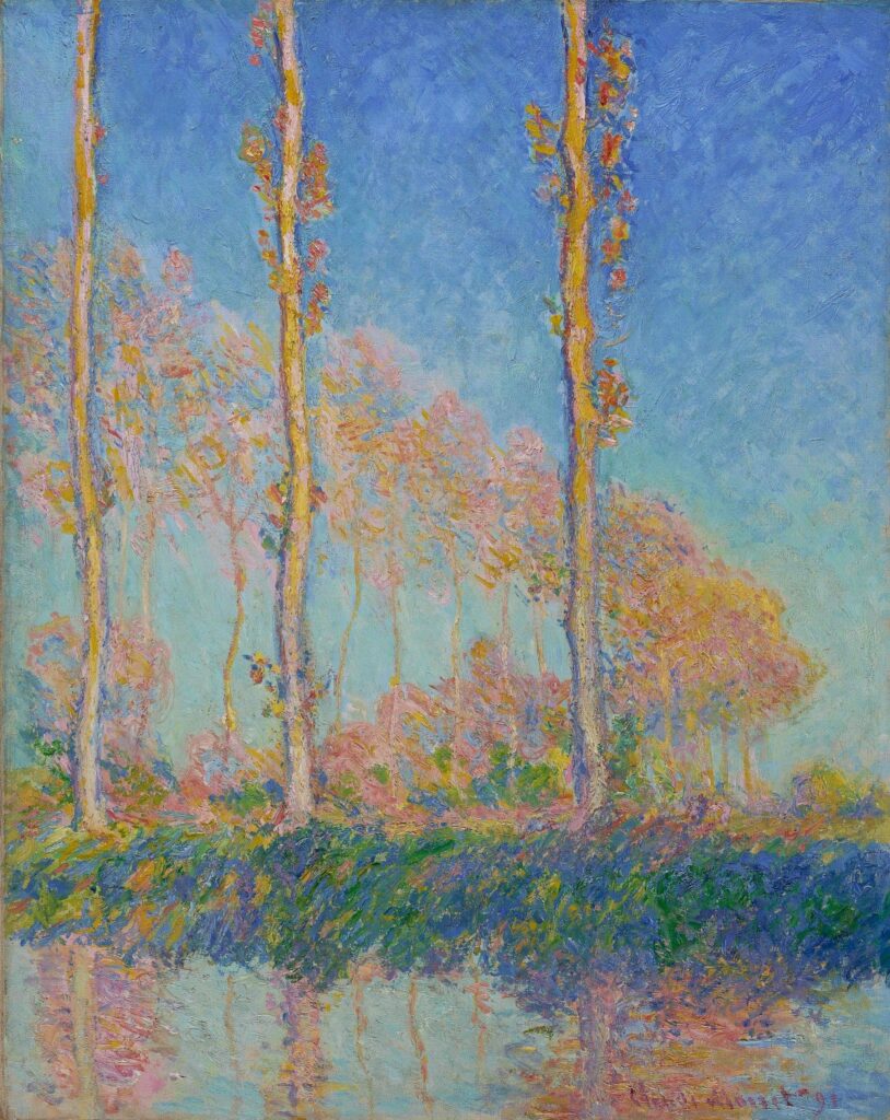 Claude Monet: CR1307, 1891, SDbr, Poplars, three trees in Autumn, 92x73, Philadelphia MA (M28;iR3;R22,no1307) Provenance: Montaignac (1892); Sutton. Expo: DR1892-4 or 7.