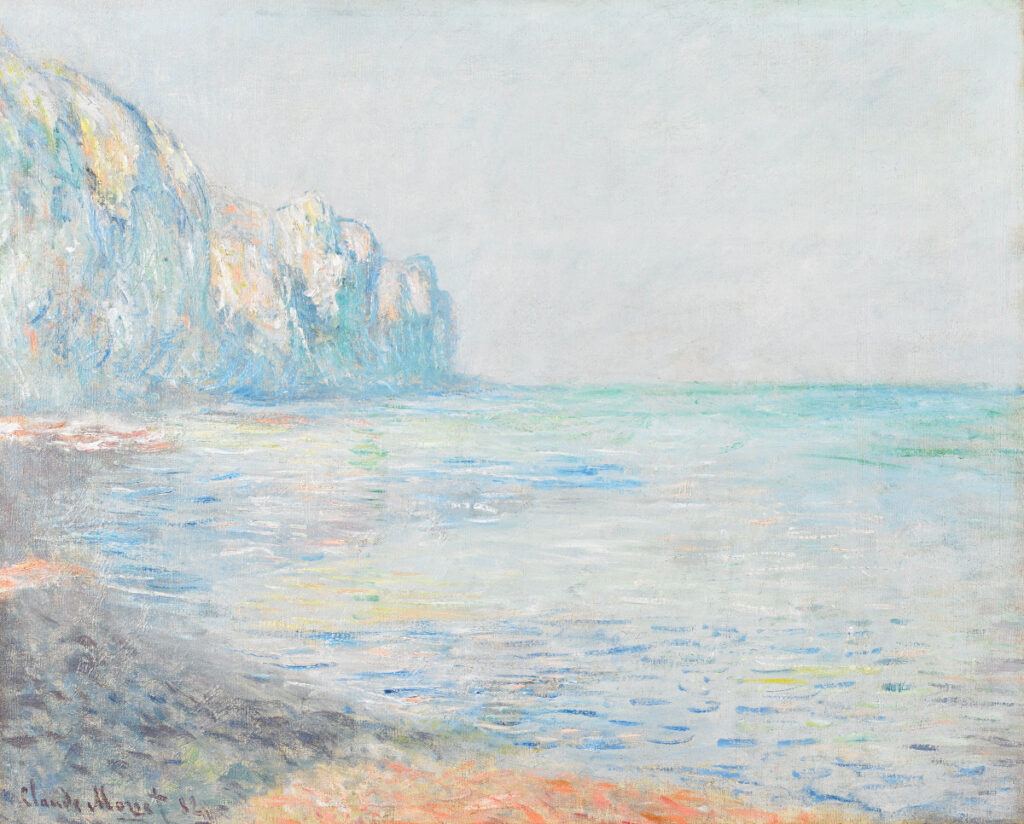 Claude Monet: 1882, CR711, SDbl, Foggy Morning at Pourville, 60x73, Birmingham MA (USA) (iR6;R22,no711) Provenance: Durand-Ruel (1882/04); Holtz; Durand-Ruel (1911). Expos: DR1883-solo-43; New York-1886-IP-216; New York-ULC-1891-64; Chicago-WCE-1893-3005; New York-LC-1899-2; DRNY1911-4; DRNY1919-4. Info: view on the Falaise d'Aval looking south.