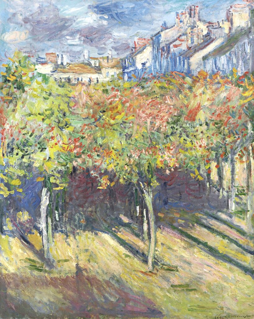 Claude Monet: 1882, CR747, Sbr, The linden trees of Poissy, 81x65, A2008/11/06 (iR3;iR15;R22,no747) Provenance: Jean-Pierre Hoschedé. Info: view from villa Saint-Louis, with setting sun; the Seine lies on the left.