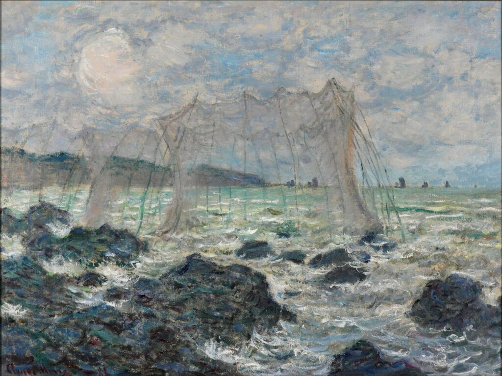 Claude Monet: 1882, CR768, SDbl, Fishing nets at Pourville, 60x81, Km The Hague (iR3;iR8;R22;M71) Provenance: Durand-ruel (?1883/07); Aubry (1889ca); sale GP1897/05/10-22; BVc; Rosenberg (1899); Jules Strauss (1902-1932). Expos: GP1889-MR-57; 11LE-1904-PI-99; =? BJ1921-9. Info: view towards Varengeville.