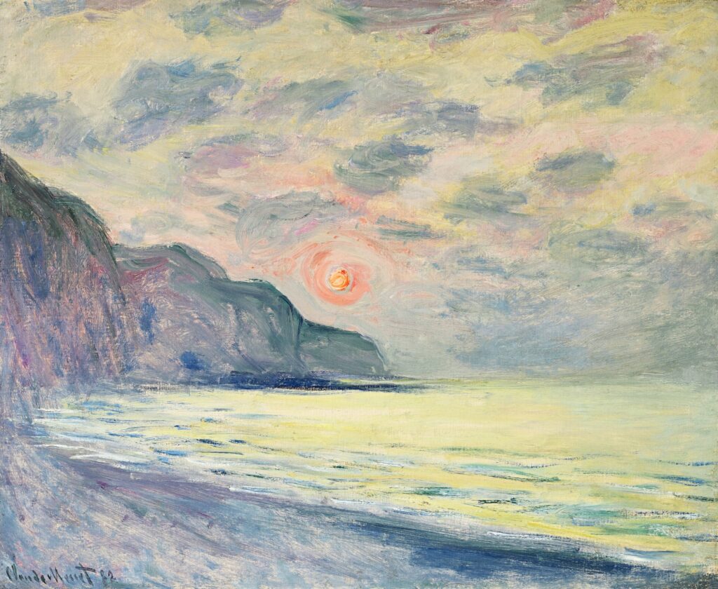 Claude Monet: 1882, CR782, SDbl, Soleil couchant, temp brumeux, Pourville, 60x73, A2022/05/14 (iR15;iR10;iR4;R22) Provenance: Durand-Ruel (1883/12); Spencer (1886). Expos: New York-1886-IP-184. Info: view towards the Pointe de L'Ailly near Varengeville.