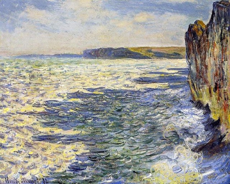 Claude Monet: 1882, CR808, SDbl, Waves and rocks at Pourville, 60x73, private (iR3;iR94;iR10;R22,no808) Provenance: Durand-Ruel (?1882/04); Petit (1883/08; Reinach. Expos: =? DR1883-solo-51; Saint-Petersbourgh-1912-C-444. Location: view towards the Falaise d'Amont and Dieppe.