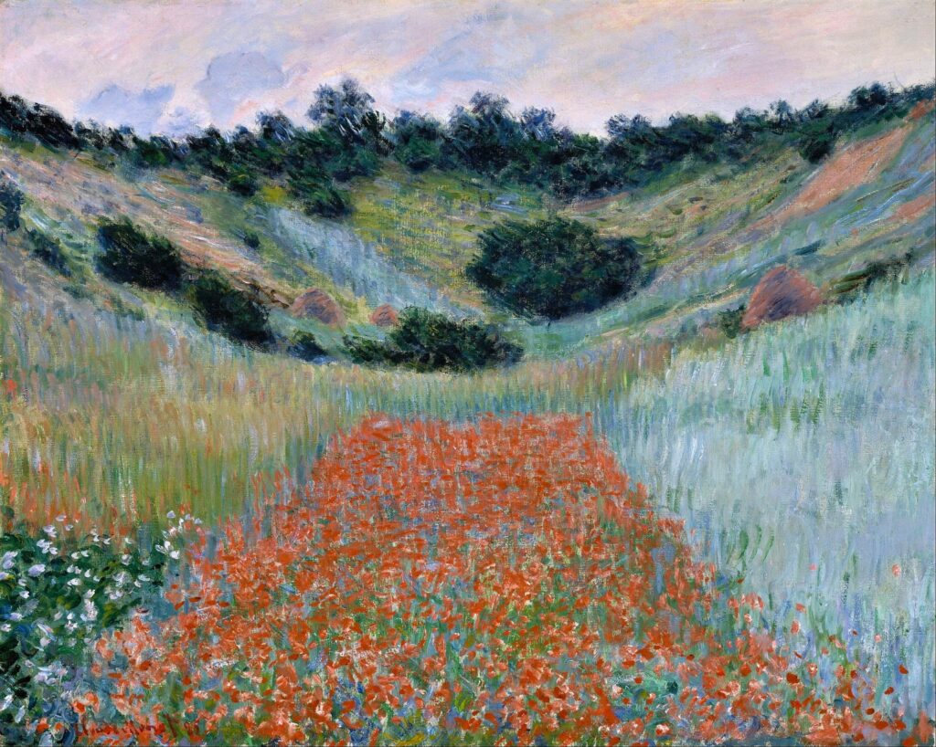 Claude Monet: 1885, CR1000, SDbl, Poppy field in a hollow near Giverny, 65x81, MFA Boston (iR10;iR6;R464,no62+p126;R22,no1000;M22) Provenance: Durand-Ruel (1885/09); Spencer (1886). Expos: New York-1886-IP-270; New York-ULC-1891-66. Location: probably north of Giverny.