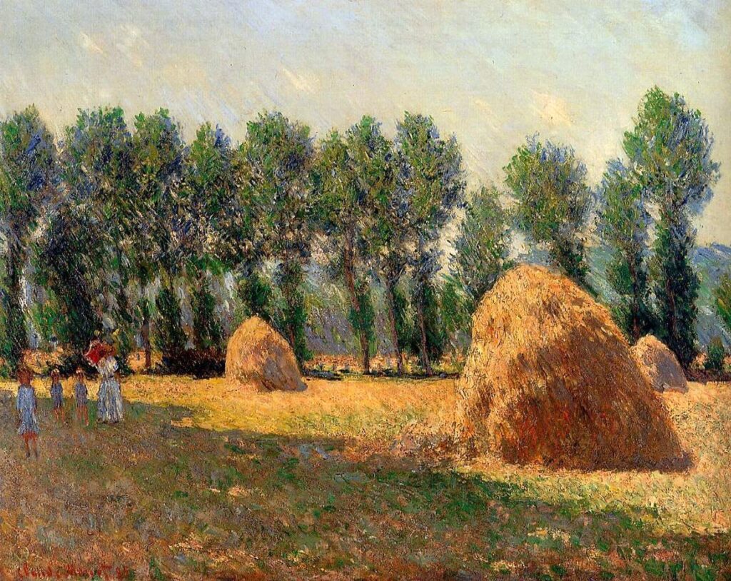 Claude Monet: 1885, CR993, SDbl, The haystacks at Giverny, 65x81, private (iR3;R22,no993) Provenance: Durand-Ruel (1885/09 - 1889). Expos: =? New York-1886-PI-253; Boston-CH-1905-MR-83. Location: La Prairie, looking south, with Alice, Germaine, Jean-Pierre Hoschedé and Michel Monet.