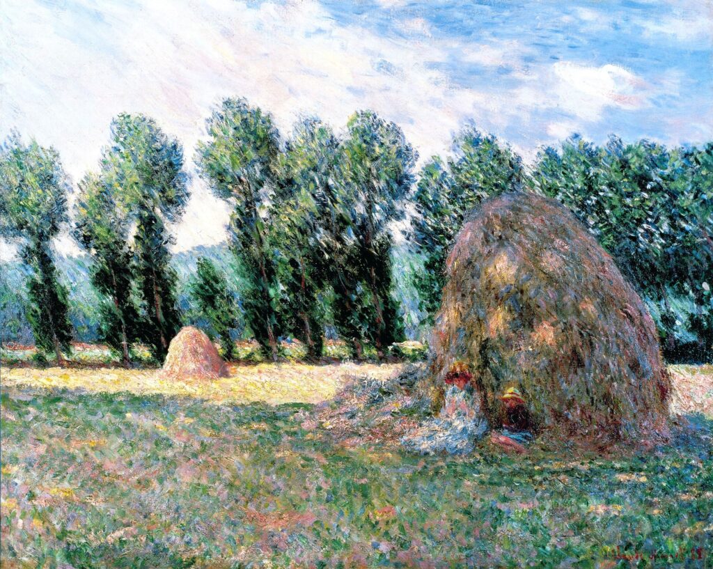 Claude Monet: 1885, CR994, SDbr, The haystack, 65x81, OMA Kurashiki (iR3;iR8;R22,no994;M129) Provenance: Georges Petit (1886); Leroux (sale HD1888/02/27-60); Chocquet (sale GP1899/07/01-75). Expos: 5IEP-1886-?; GP1889-MR-72; GP1924-65; San Francisco-LoH-1924-36. Info: La Prairie looking south-west, with Alice Hoschedé and Michel Monet.
