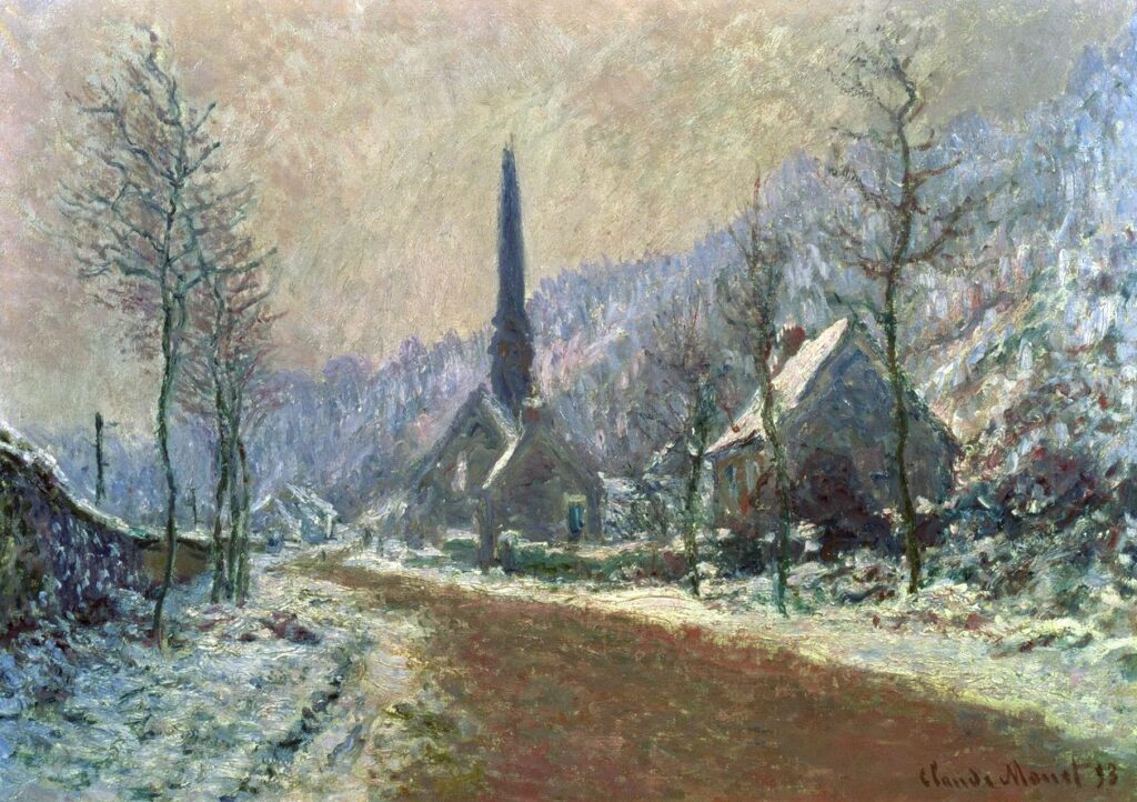Claude Monet: 1893, CR1332, SDbr, The church at Jeufosse, snowy weather, 65x95, private (iR155;iR10;iR7;R22,no1332) Provenance: BVc (1893); Lunch (1894). Info: looking east.