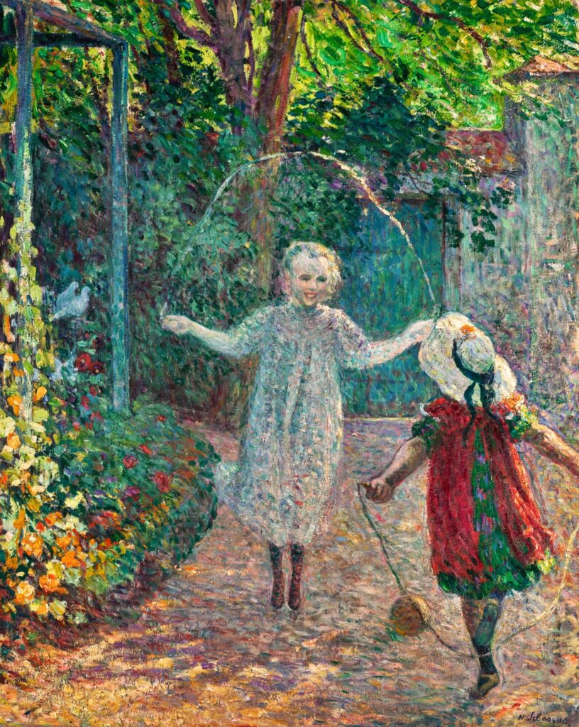 Henri Lebasque (1865-1937): 1901-1902, CR157, Sbr, Girls jumping robe in the garden, 81x65, A2019/02/05 (iR6;iR14;R307,CR157;R308,p8) Expo: =!? SNBA-1902-708, Le jeu de corde. Info: in Lagny.