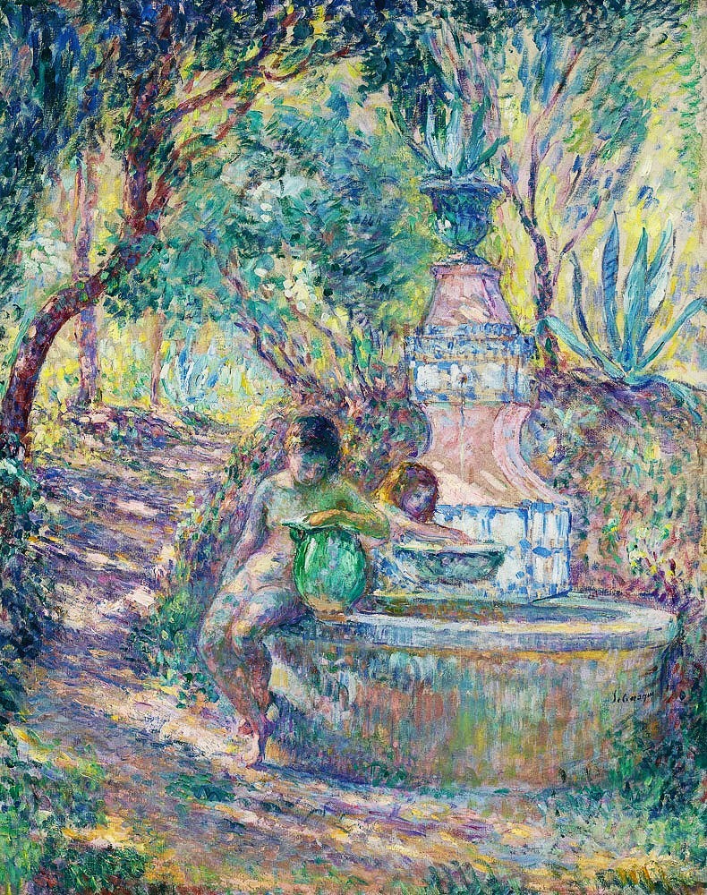 Henri Lebasque (1865-1937): 1906, CR1171, Sbr, Saint-Tropez, two young girls at a fountain, 92x73, A2019/05/14 (iR135;iR10;iR17;iR15;R307,CR1171;R308,p26) Expos: =GP1907-7; 23SdI-1907-729; SNBA-1907-729. Location: Villa Demière. Compare: Manguin