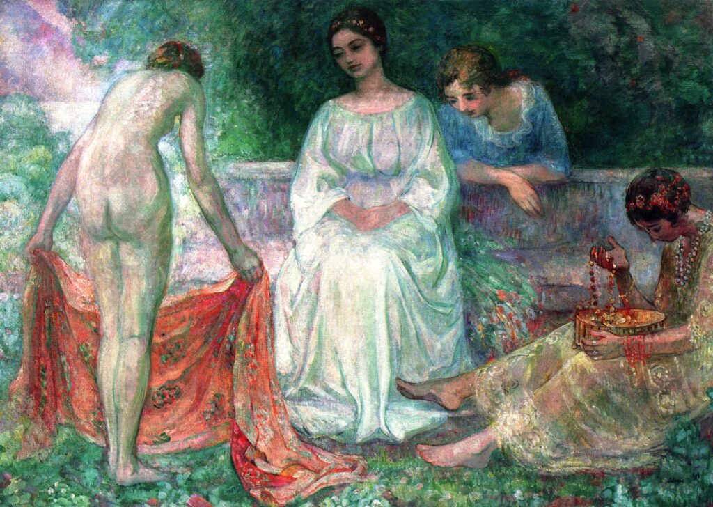 Henri Lebasque (1865-1937): 1917, CR1514, An offering in the garden (study), 121x170, A2000/11/09 (iRx;iR15;R307,CR1514) Study for 'L'offerande au jardin', decorative panel for the entrance hall of the Direction des Beaux-Arts, rue de Valois, bought (1917) by the Fonds national d'Art contemporain (=CR1512).